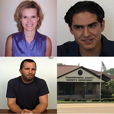 Four quadrant photo showing a smiling blonde woman, a smirking young man with short, dark, wavy hair, a, unsmiling young man with very short dark hair, and the exterior of the Yoknapatawpha County Sheriff's Department